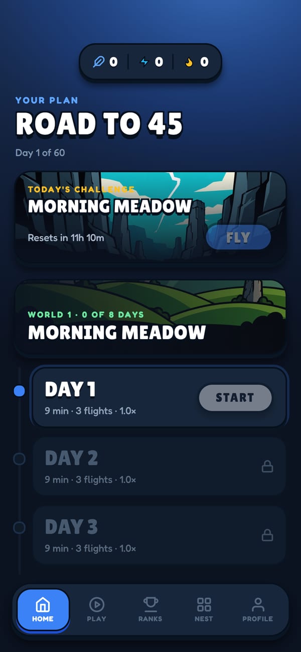 Home: your Road to 45 plan with today's challenge and day cards