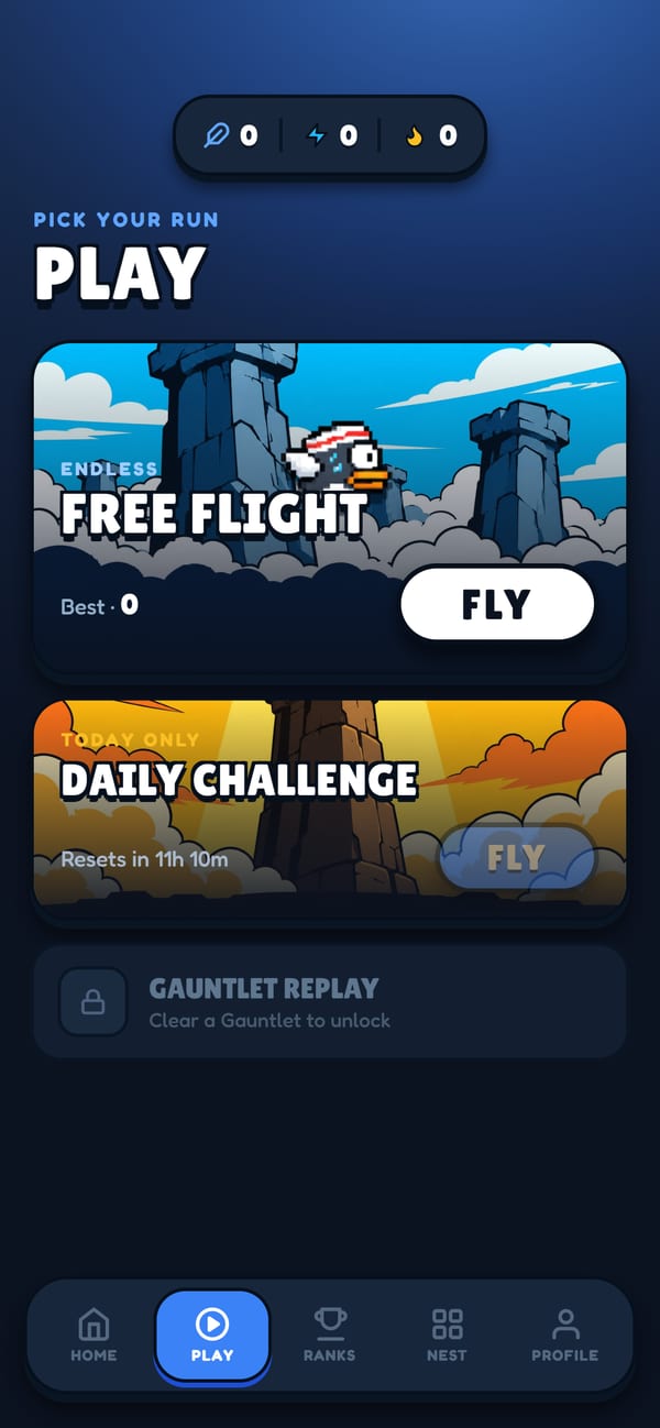 PushFly Play screen with Free Flight, Daily Challenge and Gauntlet modes