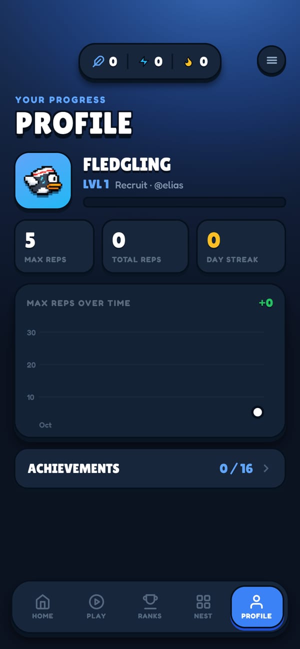 Profile: level, max reps, total reps and streak
